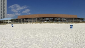 A beachfront hotel with a large building, sandy beach, and two blue trash bins. - Pier Park and Aaron Bissant Park within walking distance!   (Panama City Beach)