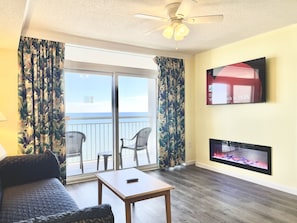 Flat-screen TV, fireplace