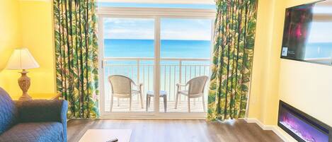 Flat-screen TV, fireplace