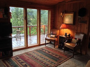 A cozy cabin interior with a large sliding glass door leading to a deck, wooden furniture, and a rug.