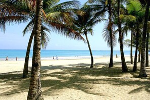Am Strand, Sonnenschirme, Strandtücher