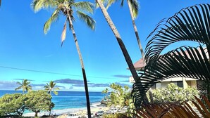 Blick auf einen Strand mit Palmen und einem strahlend blauen Himmel.