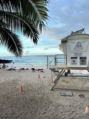 On the beach, sun-loungers, beach towels
