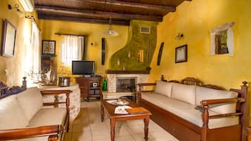 Smart TV, fireplace, DVD player, books