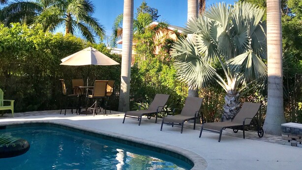 Zona de piscina con sillones reclinables y una mesa, rodeada de altas palmeras.