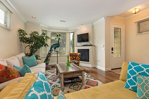 Televisión, chimenea, reproductor de DVD y libros 