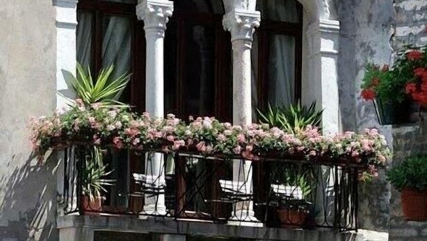 Ein Balkon mit schmiedeeiserner Reling, Blumentöpfen und Blumenarrangements.