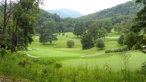 Ein Golfplatz mit Fahnenstange, umgeben von dichtem Wald und Hügeln im Hintergrund.