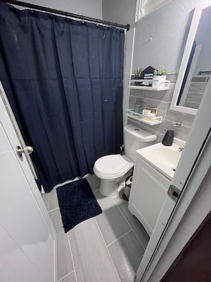 Combined shower/tub, hair dryer, towels, soap