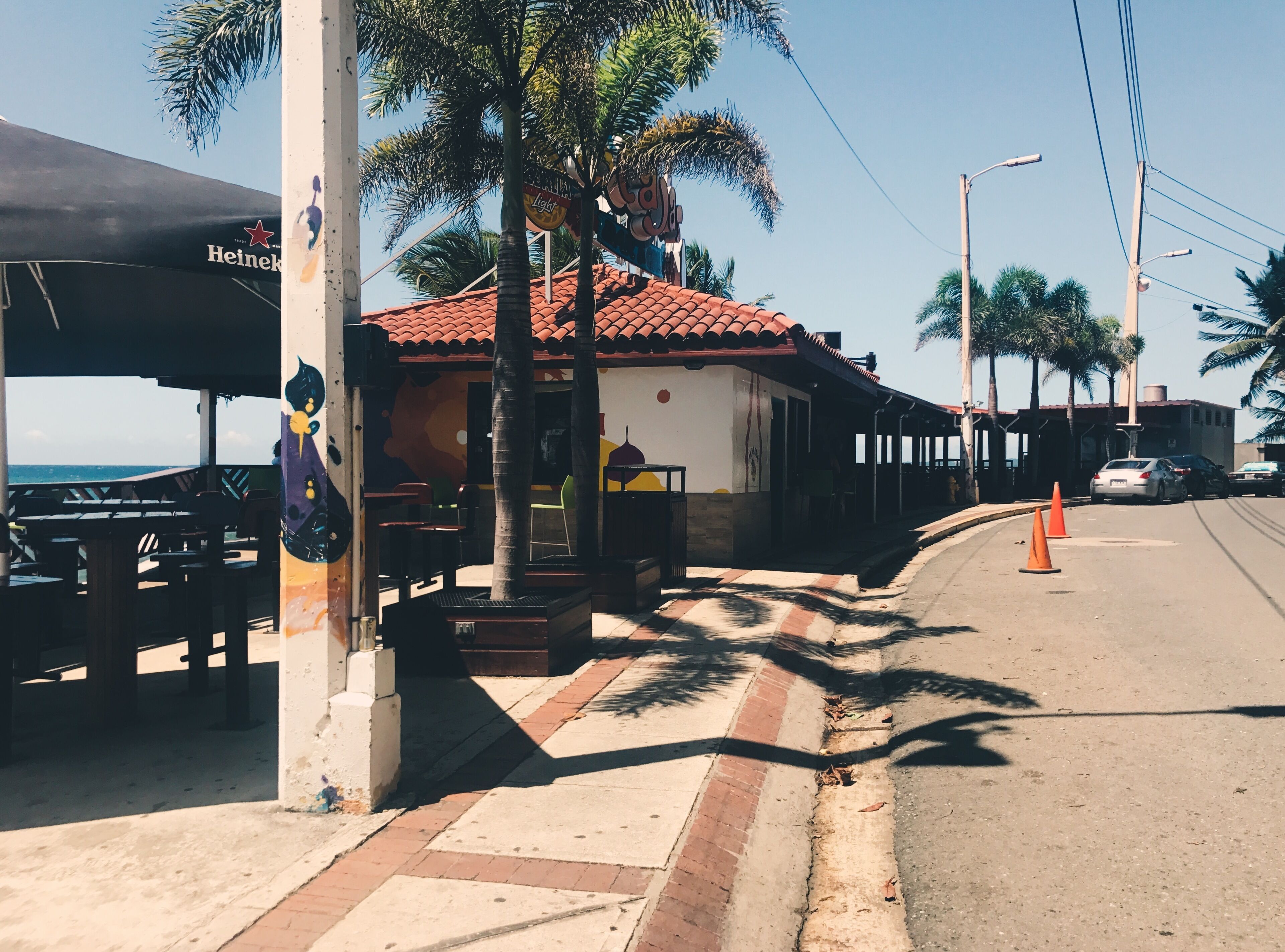 Un restaurante frente al mar con terraza, palmeras y vistas al océano.