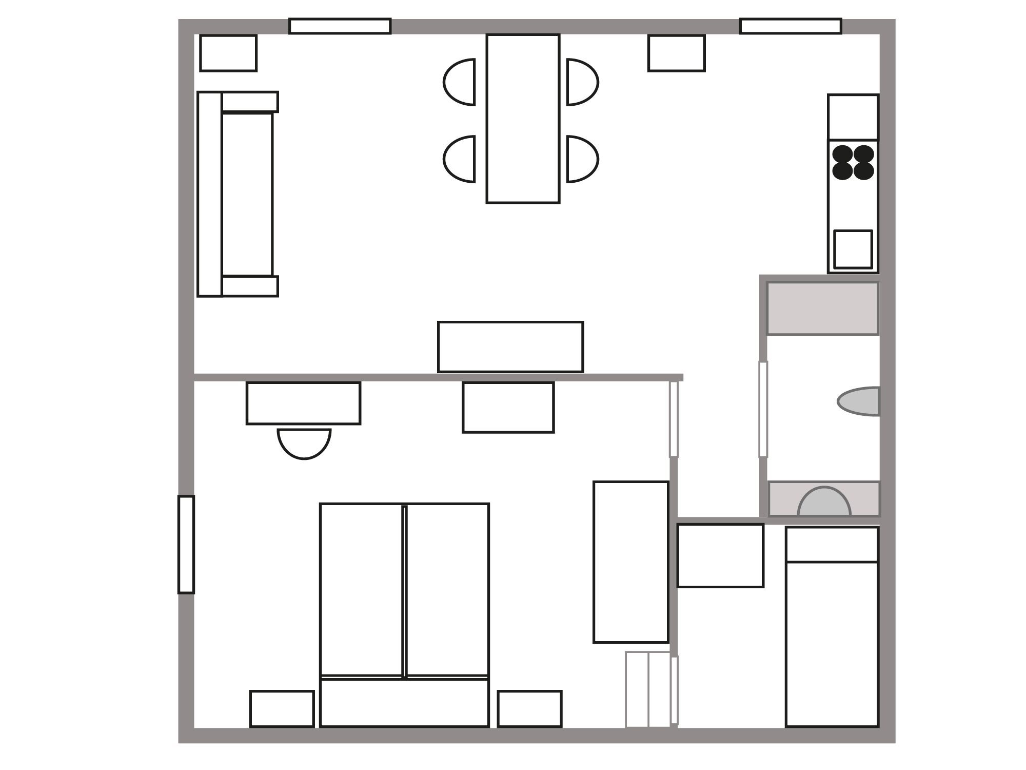 Un plan d’étage d’une chambre d’hôtel comprenant un lit, un bureau, une chaise, une armoire et une salle de bain.