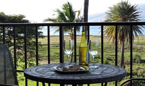 A round table with a bottle and two glasses on a balcony overlooking a grassy landscape with palm trees and a view of the sea.