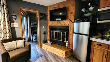 Smart TV, fireplace, video games, DVD player