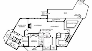 Plan d’étage d’un hôtel comprenant une suite de luxe, un salon, une salle à manger, une terrasse couverte, une piscine et un balcon ouvert.