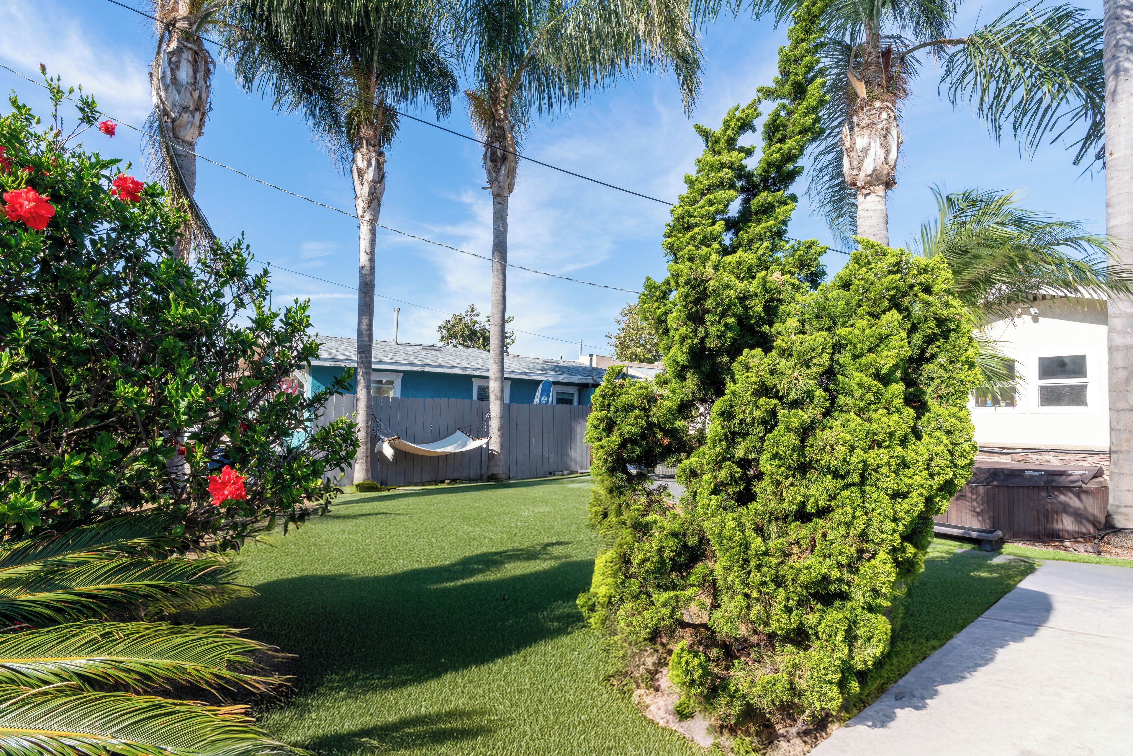 A backyard with a hammock, palm trees, and a well-maintained lawn.