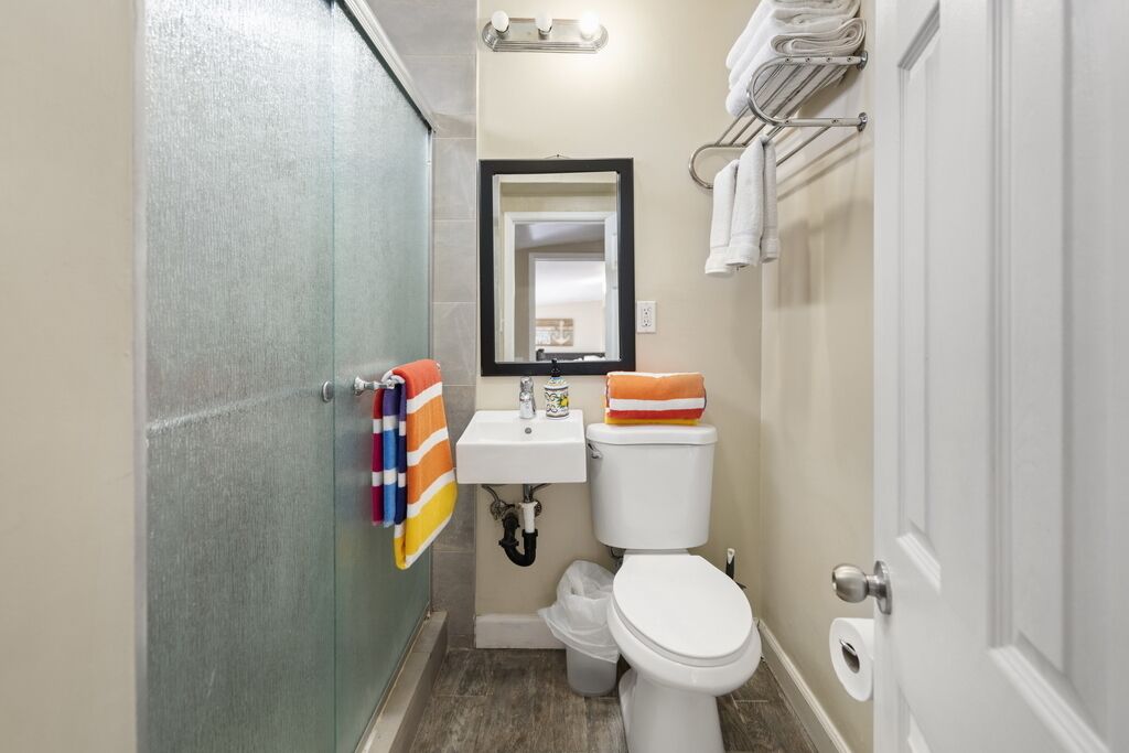 Een compacte badkamer met een douchecabine van glas, een wit wastafelmeubel, een toilet en een spiegel boven de wastafel.
