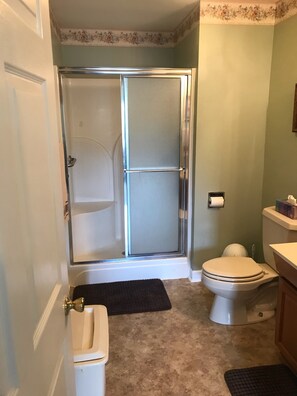 Combined shower/bathtub, hair dryer, towels, soap