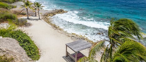 Una playa con una estructura de madera, palmeras y el océano.
