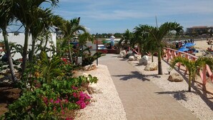 A pathway leading to a beach area with palm trees and flowers, and a building in the background. - Tropical Gem! Watch Jets Fly into Airport+Ocean Beach+Garden Views+MANY PERKS!!! (Maho Bay)