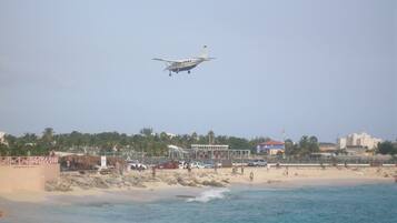 Una spiaggia con persone che nuotano e un piccolo aereo che vola sopra.