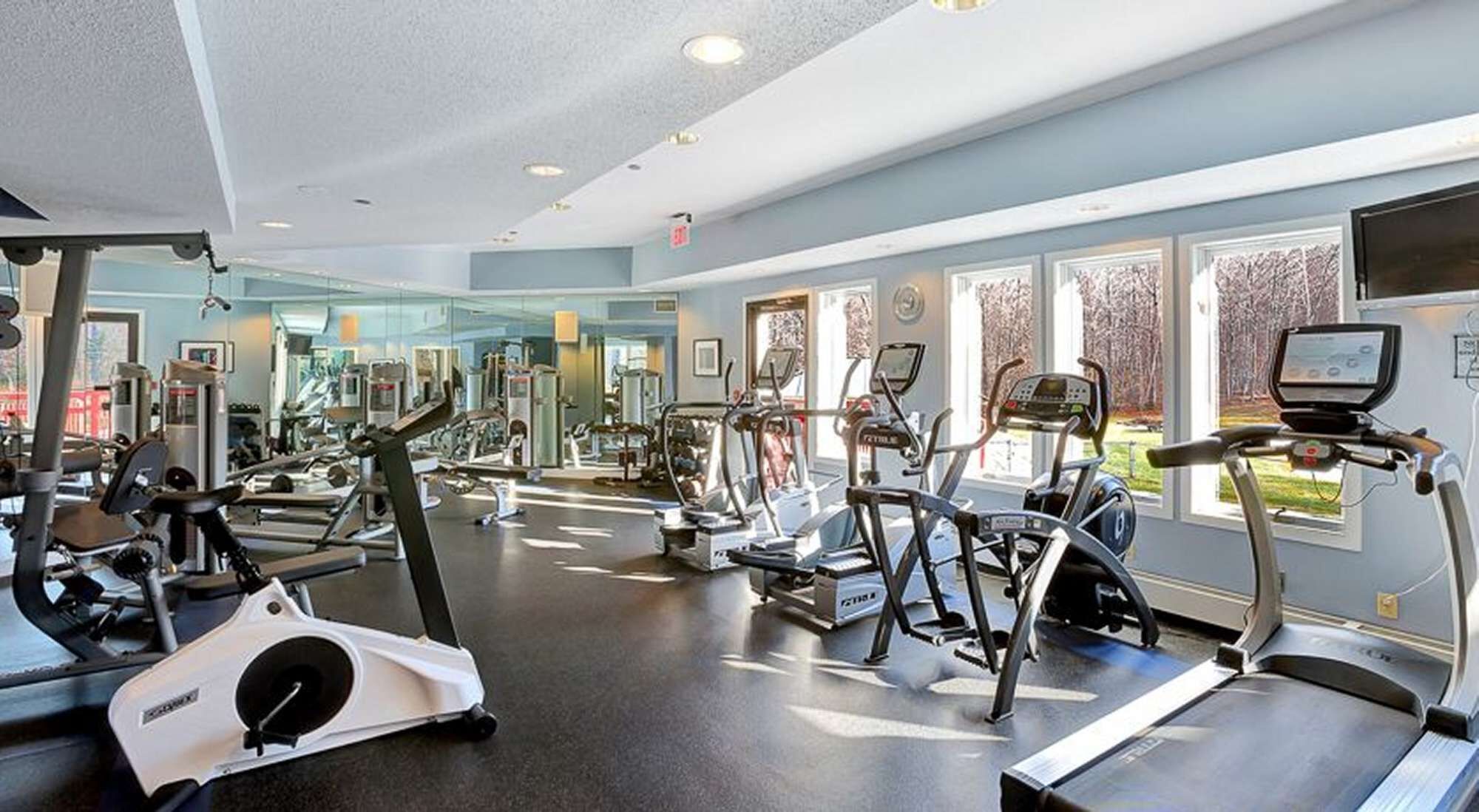 A gym with treadmills, elliptical machines, and weight equipment.