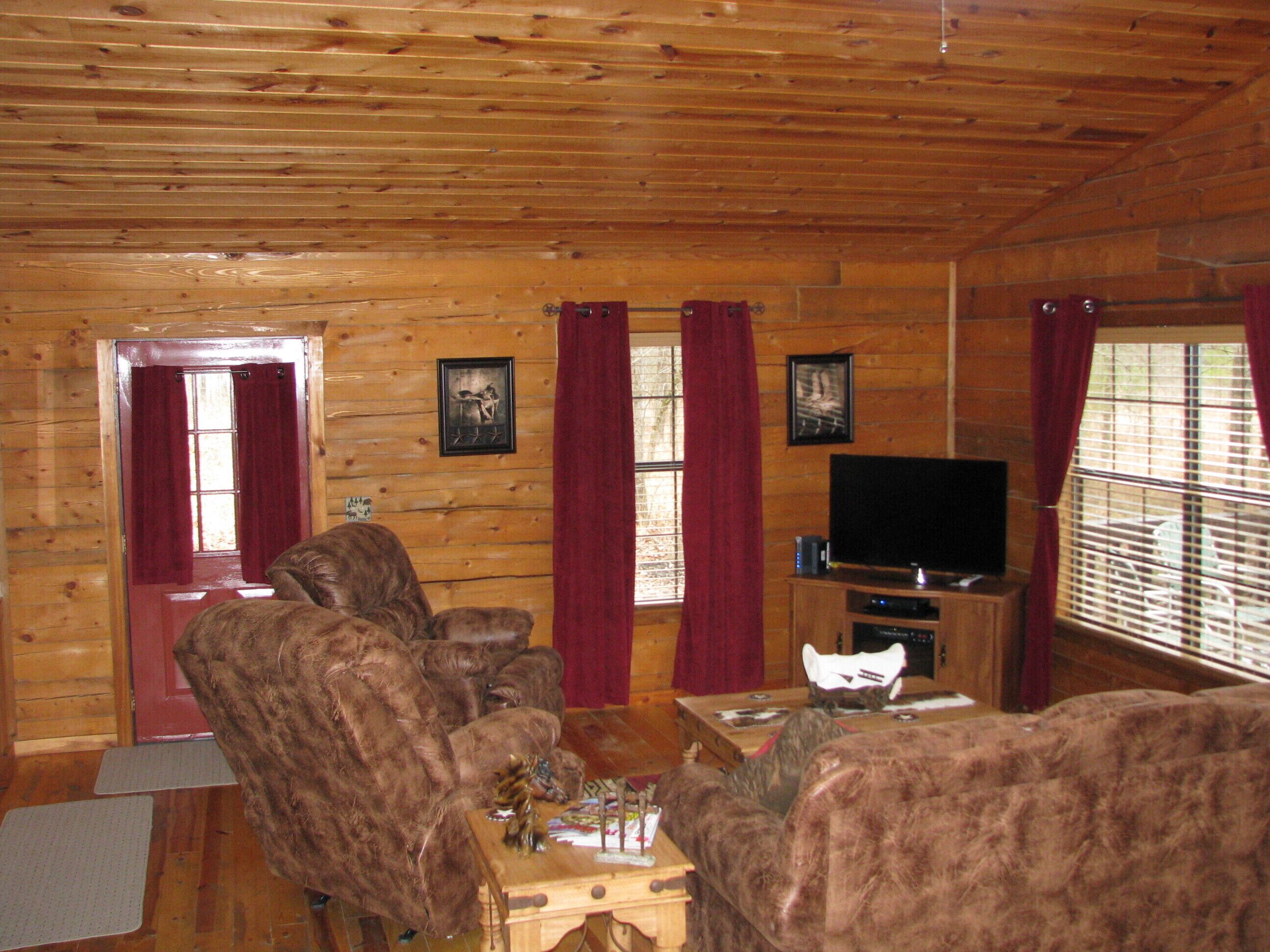 A wooden cabin interior with a TV, two sofas, and a dining table.