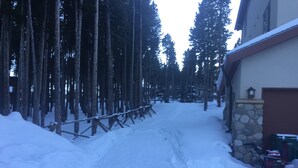 Un camino cubierto de nieve que lleva a una casa con muro de piedra y garaje.