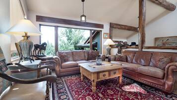 Smart TV, fireplace, table football, books