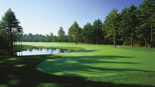 A golf course with a pond, trees, and a flag.