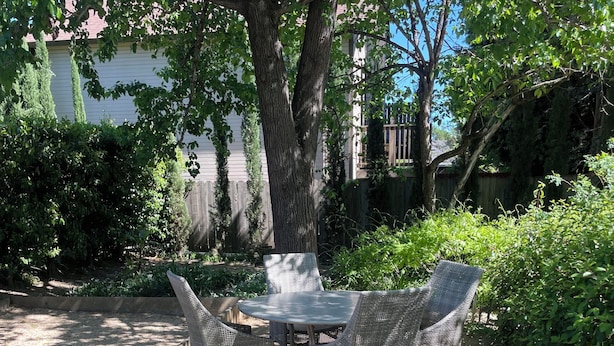 An outdoor patio with a table and four chairs, surrounded by trees and a wooden fence.
