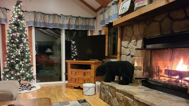 A cozy living room with a fireplace, a Christmas tree, and a bear figurine. - Enjoy Amazing Smoky Mountain View in Large, Comfortable Home in Treetops! (Franklin)