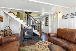 Smart TV, fireplace, books