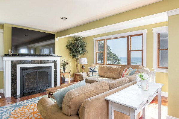 Smart TV, fireplace, books