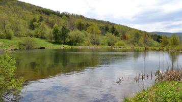 A serene lake surrounded by lush greenery and hills.
