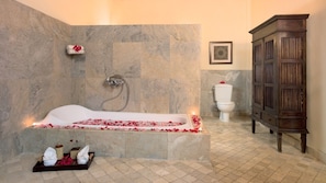 Bathtub, hair dryer, towels, toilet paper