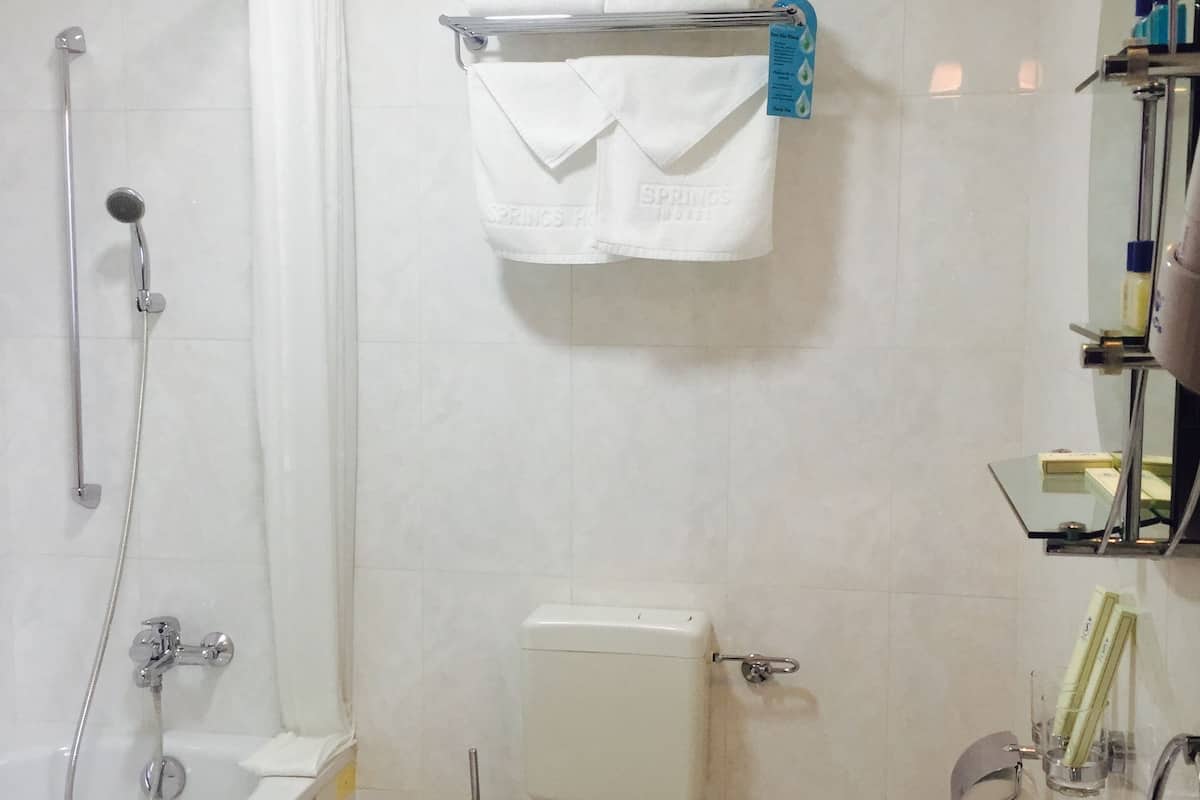 combined shower/bathtub, free toiletries, hair dryer, bathrobes
