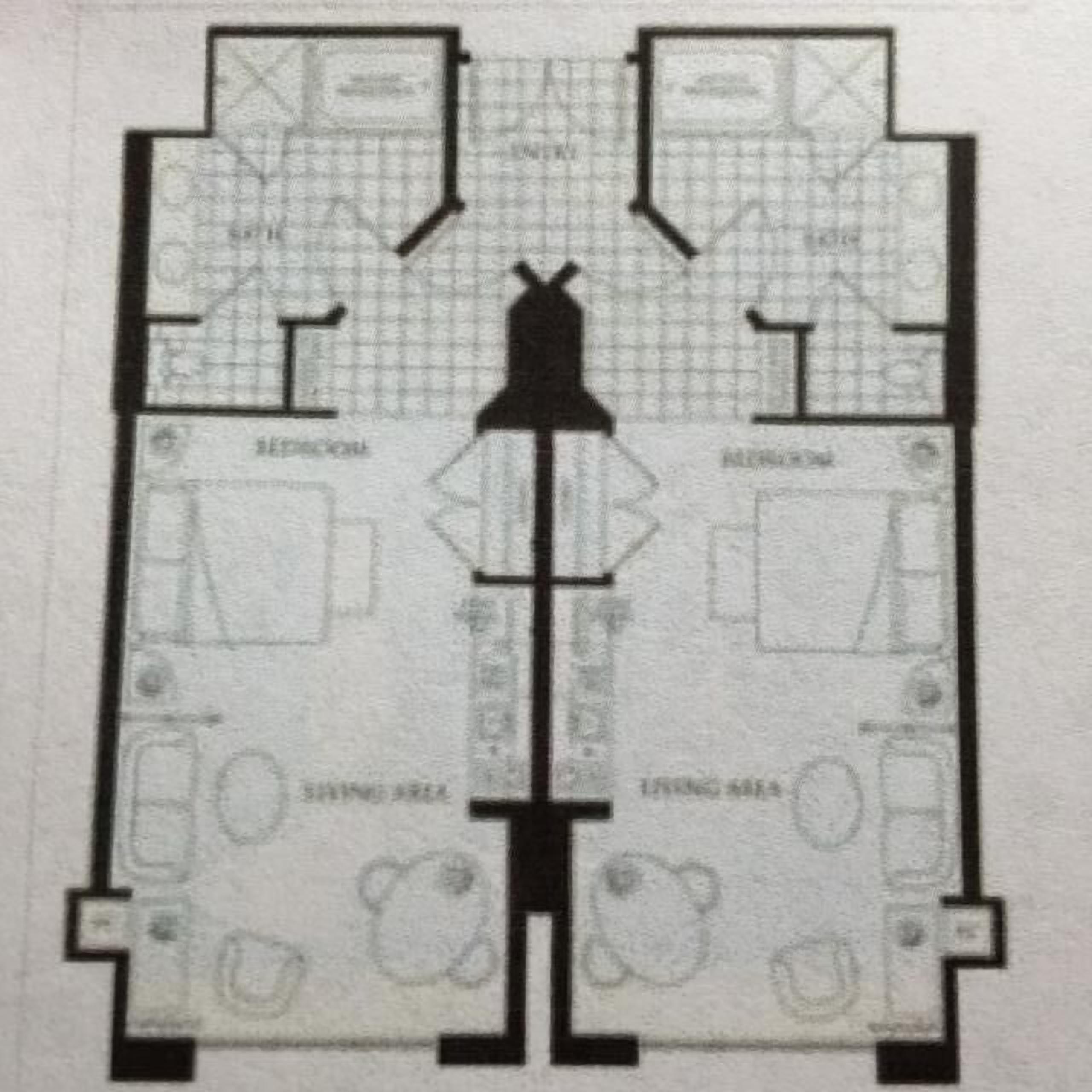 Een plattegrond van een hotel met twee slaapkamers, een woonruimte en een eetgedeelte.