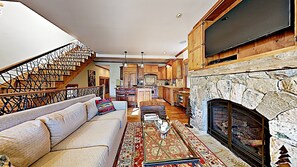 Smart TV, fireplace, DVD player, books