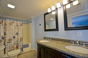 Combined shower/bathtub, hair dryer, towels, toilet paper