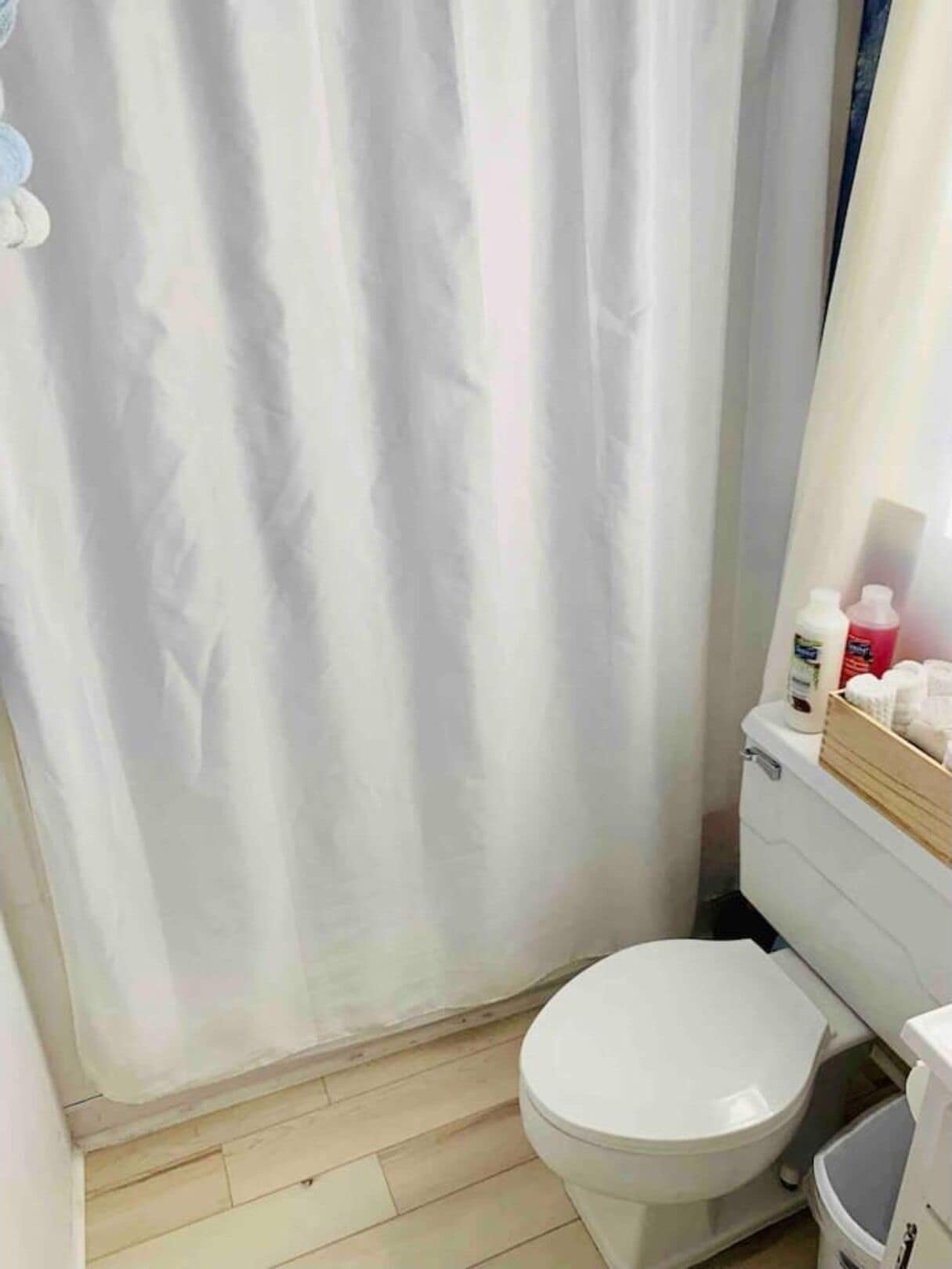 Een badkamer met een toilet, douchegordijn en een plank met toiletartikelen.
