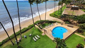 Vue aérienne d’un complexe hôtelier doté d’une piscine, d’une plage et de palmiers.