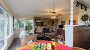 Smart TV, fireplace, DVD player, books