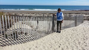 Una persona dempeus a la platja sorrenca, amb una tanca de fusta al primer pla i l'oceà al fons.