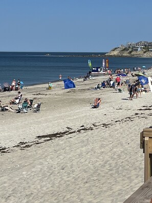 On the beach, sun-loungers, beach towels