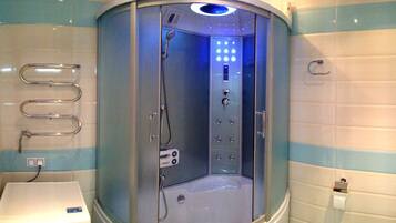 Combined shower/bathtub, hair dryer, bidet, towels
