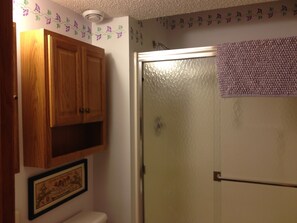 Combined shower/bathtub, hair dryer, towels, soap - Four Bedroom, 2 Bath On Quiet Cul-De-sac (Owatonna)