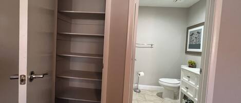 A bathroom with a toilet, sink, and shelves.