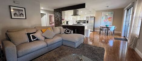 TV connectée, cheminée, lecteur de DVD, livres