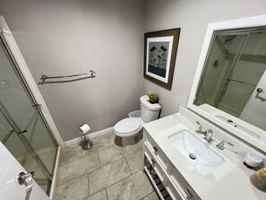 Combined shower/bathtub, jetted bath, hair dryer, towels