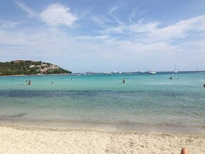 On the beach, sun-loungers